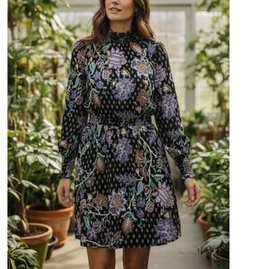 LOFT Petites Black Floral Smocked Mock Neck Long Sleeve Mini Dress 00P 00 Petite
